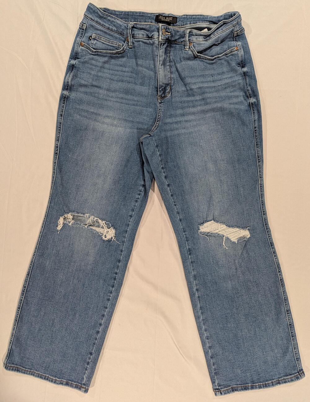 Judy Blue Jeans Womens 20W Blue Med Wash High Rise Straight Distressed Denim
